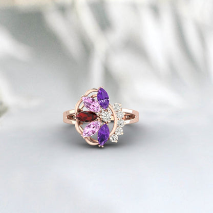 Marquise Cut Multi Gemstone Garnet,Amethyst,Pink Sapphire Bridal Ring