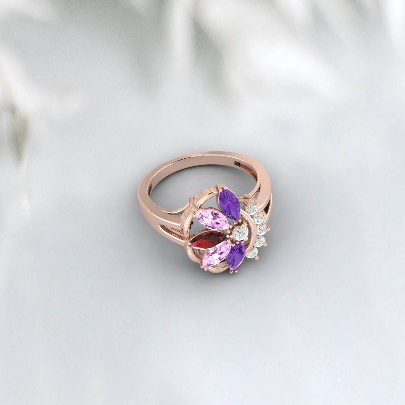 Grenat multi-pierres précieuses taille marquise, améthyste, bague de mariée saphir rose