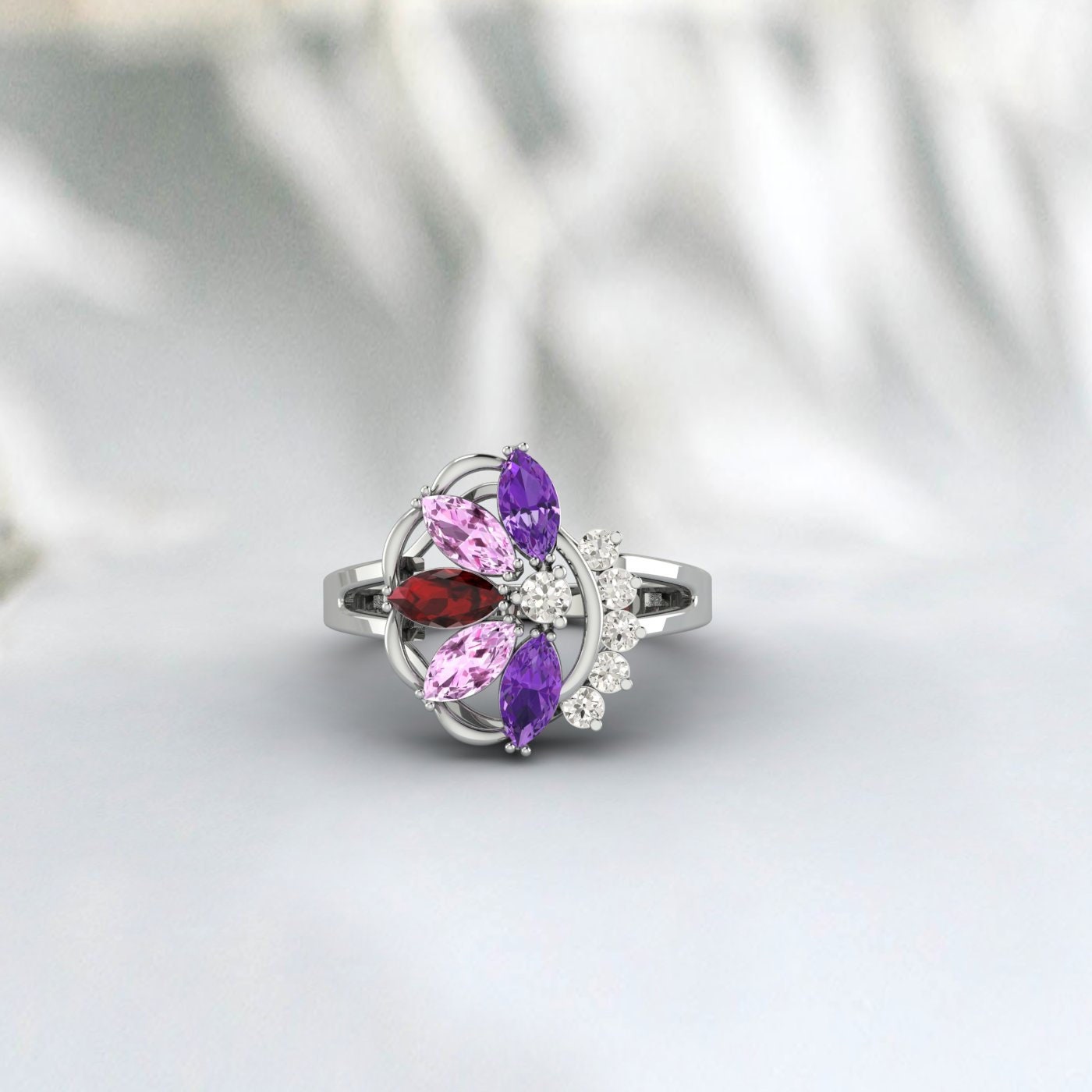 Marquise Cut Multi Gemstone Garnet,Amethyst,Pink Sapphire Bridal Ring