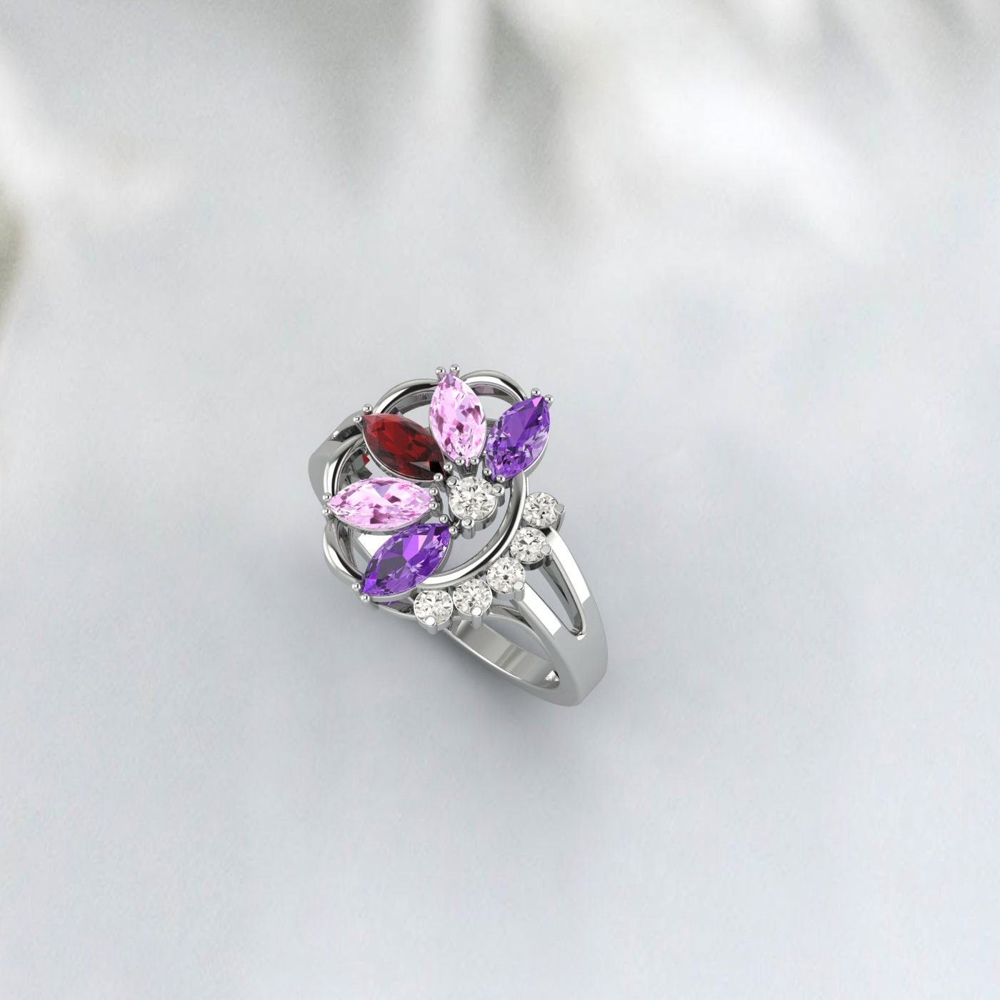 Marquise Cut Multi Gemstone Garnet,Amethyst,Pink Sapphire Bridal Ring