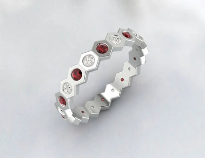 Red Garnet Hexagon Eternity Band, Daimond Wedding Band, January Birthstone Ring, Matching Band, Red stone, Unique Anniversay Gift