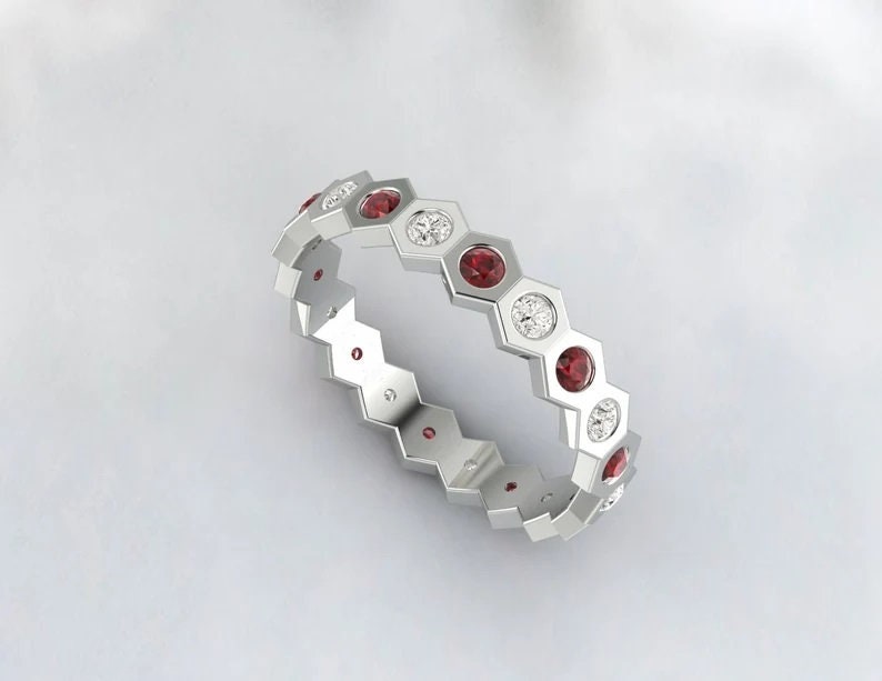 Red Garnet Hexagon Eternity Band, Daimond Wedding Band, January Birthstone Ring, Matching Band, Red stone, Unique Anniversay Gift