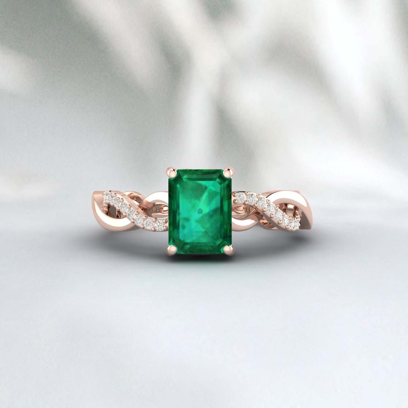 Silver Emerald Infinity Twist Emerald-Cut Solitaire Propose Ring