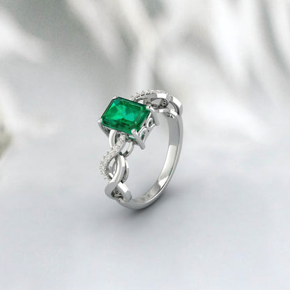 Silver Emerald Infinity Twist Emerald-Cut Solitaire Propose Ring