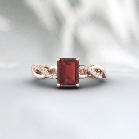 Emerald Cut Natural Red Garnet Twisted Engagement Ring Promise Ring