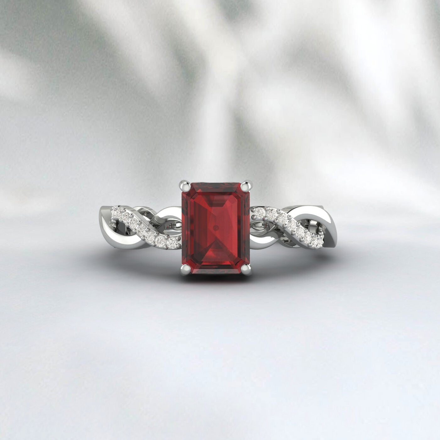 Bague de fiançailles torsadée en grenat rouge naturel taille émeraude, bague de promesse