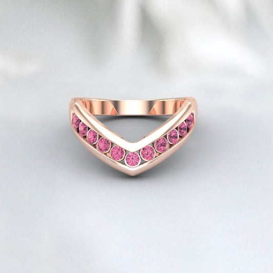 Curved Pink Tourmaline Ring Silver Half Eternity Band Wedding Band