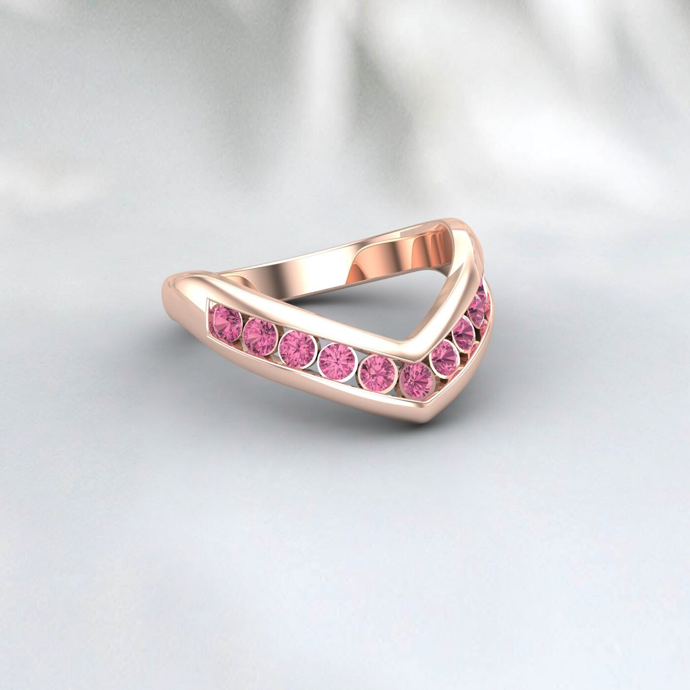 Curved Pink Tourmaline Ring Silver Half Eternity Band Wedding Band