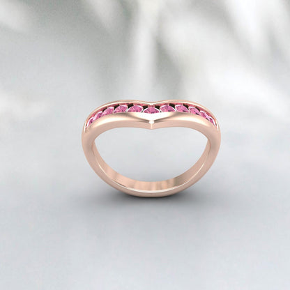 Curved Pink Tourmaline Ring Silver Half Eternity Band Wedding Band