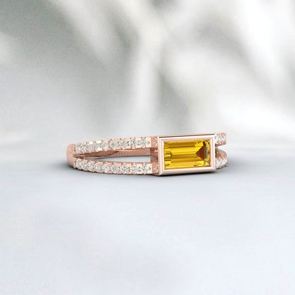 Baguette Cut Citrine Engagement Ring Art Deco Diamond Bridal Ring