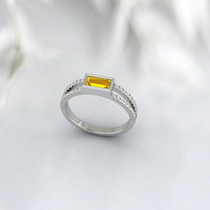 Baguette Cut Citrine Engagement Ring Art Deco Diamond Bridal Ring