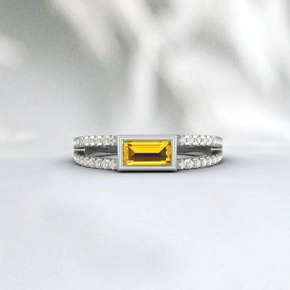 Baguette Cut Citrine Engagement Ring Art Deco Diamond Bridal Ring