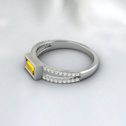 Baguette Cut Citrine Engagement Ring Art Deco Diamond Bridal Ring