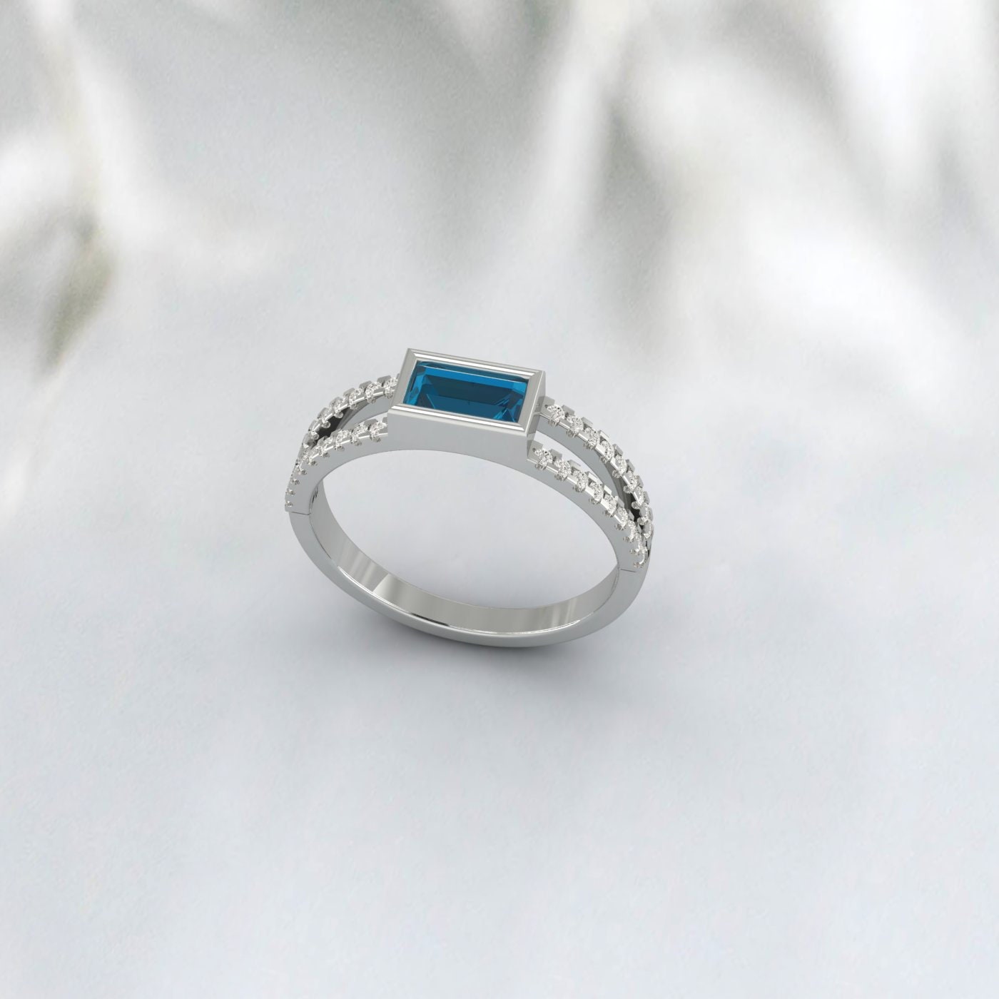 Baguette London Blue Topaz Ring, Wedding Engagement Ring, Art Deco Ring, Yellow Gold Plated, Minimalist Ring, 925 Sterling Silver