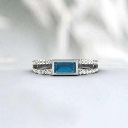 Baguette London Blue Topaz Ring, Bague de fiançailles de mariage, Bague Art Déco, Plaqué Or Jaune, Bague Minimaliste, Argent Sterling 925