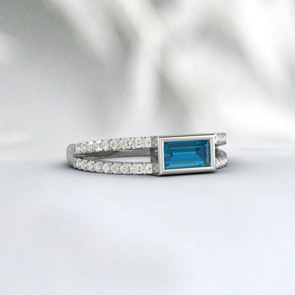 Baguette London Blue Topaz Ring, Bague de fiançailles de mariage, Bague Art Déco, Plaqué Or Jaune, Bague Minimaliste, Argent Sterling 925