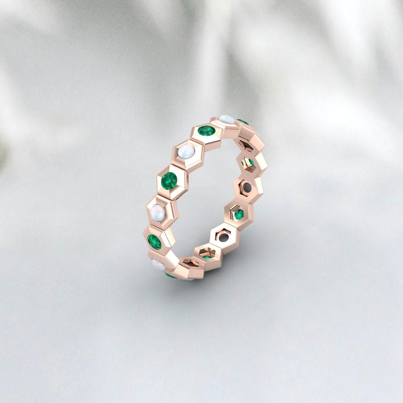 Hexagon Opal and Emerald Ring, 14K White Gold Ring, Double Stone Ring, Eternity Emerald and Opal Wedding Band, Everyday Ring, Gift for her