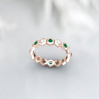 Hexagon Opal and Emerald Ring, 14K White Gold Ring, Double Stone Ring, Eternity Emerald and Opal Wedding Band, Everyday Ring, Gift for her