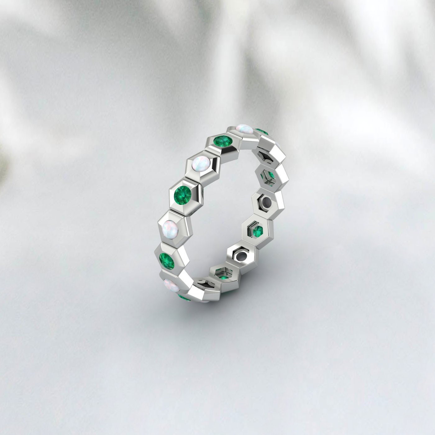 Hexagon Opal and Emerald Ring, 14K White Gold Ring, Double Stone Ring, Eternity Emerald and Opal Wedding Band, Everyday Ring, Gift for her