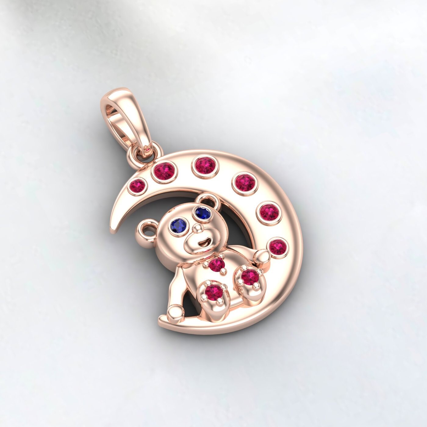 Collier croissant de lune rubis complet en argent sterling 925, deux pendentifs, un collier, pierre de naissance de juillet, pendentif ours en peluche avec saphir bleu