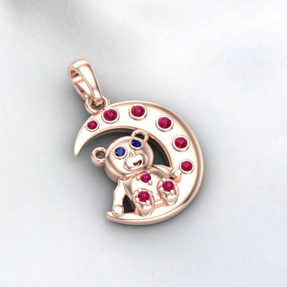 Crescent Moon Ruby Necklace full 925 Sterling Silver Two Pendant One Necklace July Birthstone Teddy Bear Pendant With Blue Sapphire