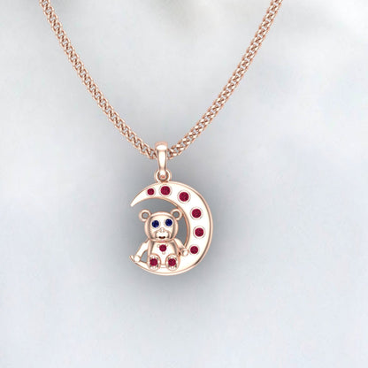 Crescent Moon Ruby Necklace full 925 Sterling Silver Two Pendant One Necklace July Birthstone Teddy Bear Pendant With Blue Sapphire