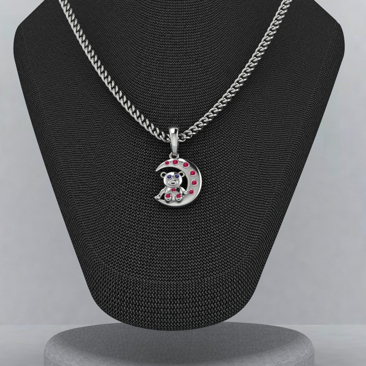 Collier croissant de lune rubis complet en argent sterling 925, deux pendentifs, un collier, pierre de naissance de juillet, pendentif ours en peluche avec saphir bleu