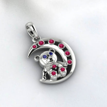 Collier croissant de lune rubis complet en argent sterling 925, deux pendentifs, un collier, pierre de naissance de juillet, pendentif ours en peluche avec saphir bleu