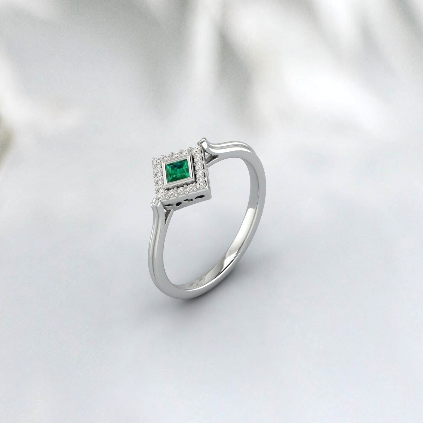 Vintage Princess Cut Emerald Engagement Ring Moissanite Brida Band