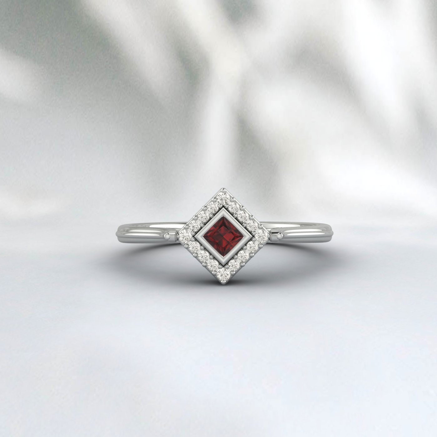 Bague en argent avec pierre précieuse grenat rouge taille princesse, bague avec pierre de naissance de janvier