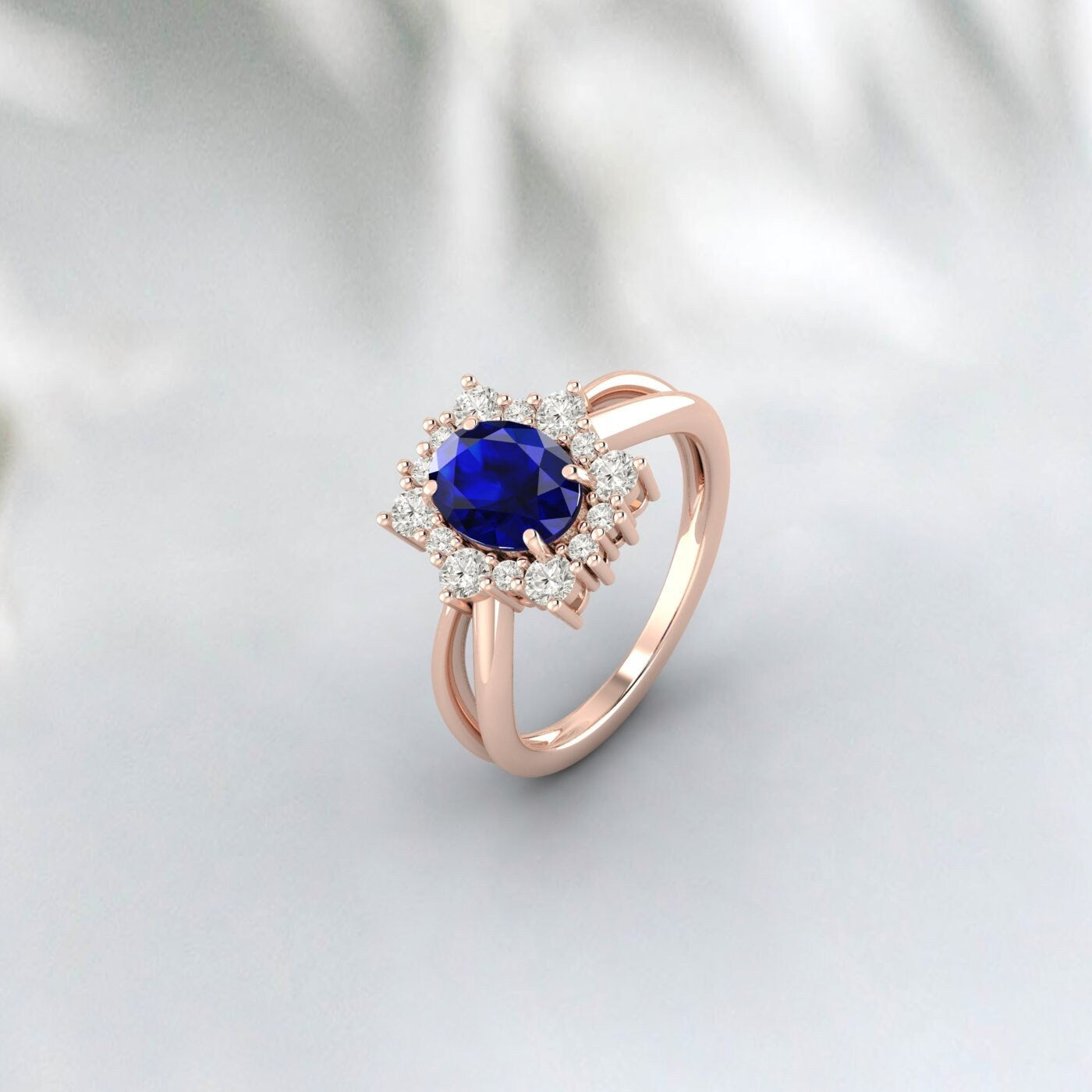 Bague de fiançailles saphir bleu taille ovale, bague de mariage en or rose et diamant