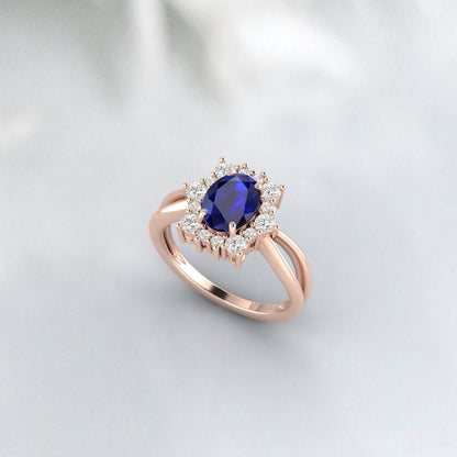 Bague de fiançailles saphir bleu taille ovale, bague de mariage en or rose et diamant