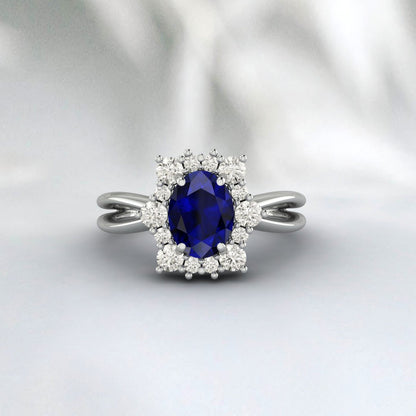 Bague de fiançailles saphir bleu taille ovale, bague de mariage en or rose et diamant