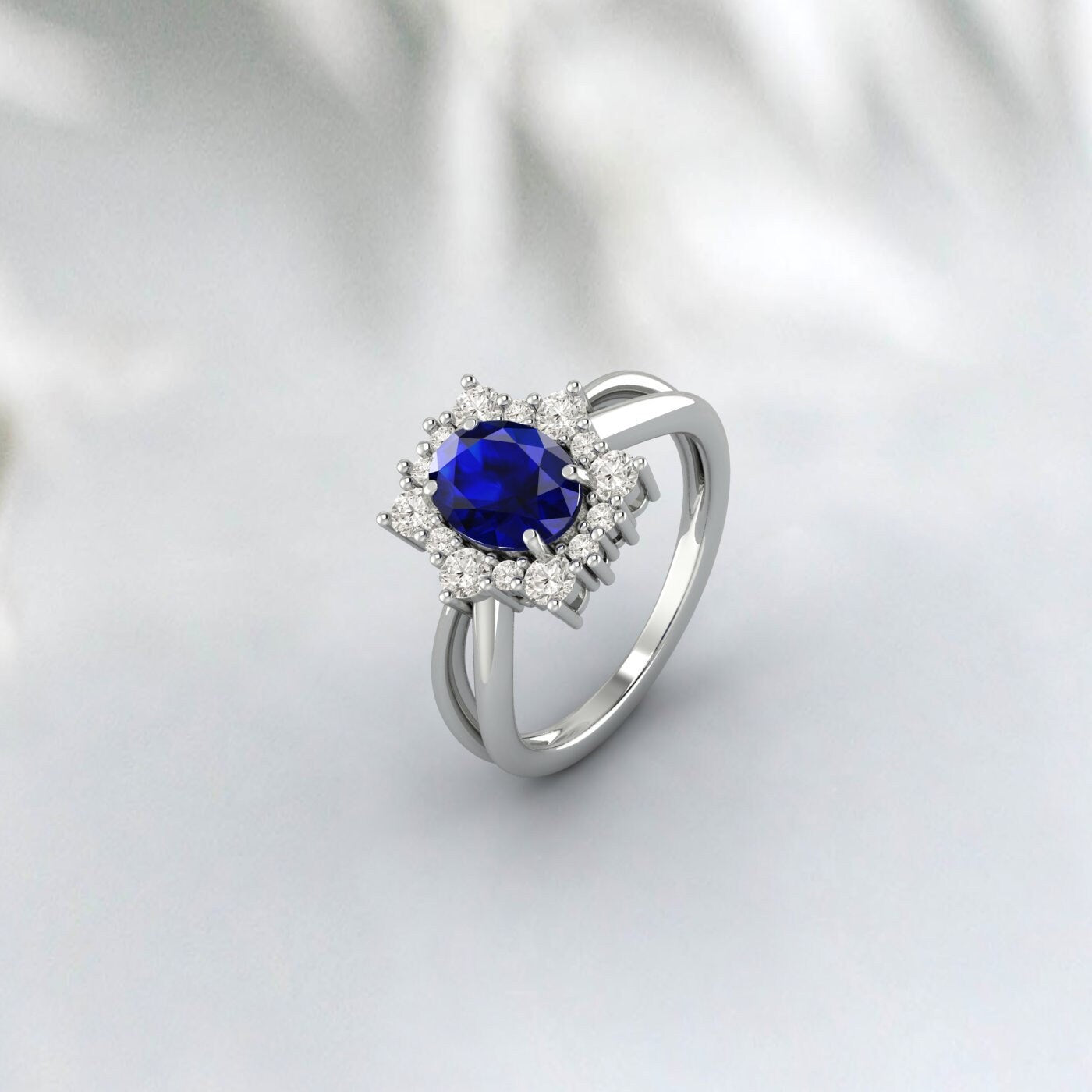 Bague de fiançailles saphir bleu taille ovale, bague de mariage en or rose et diamant