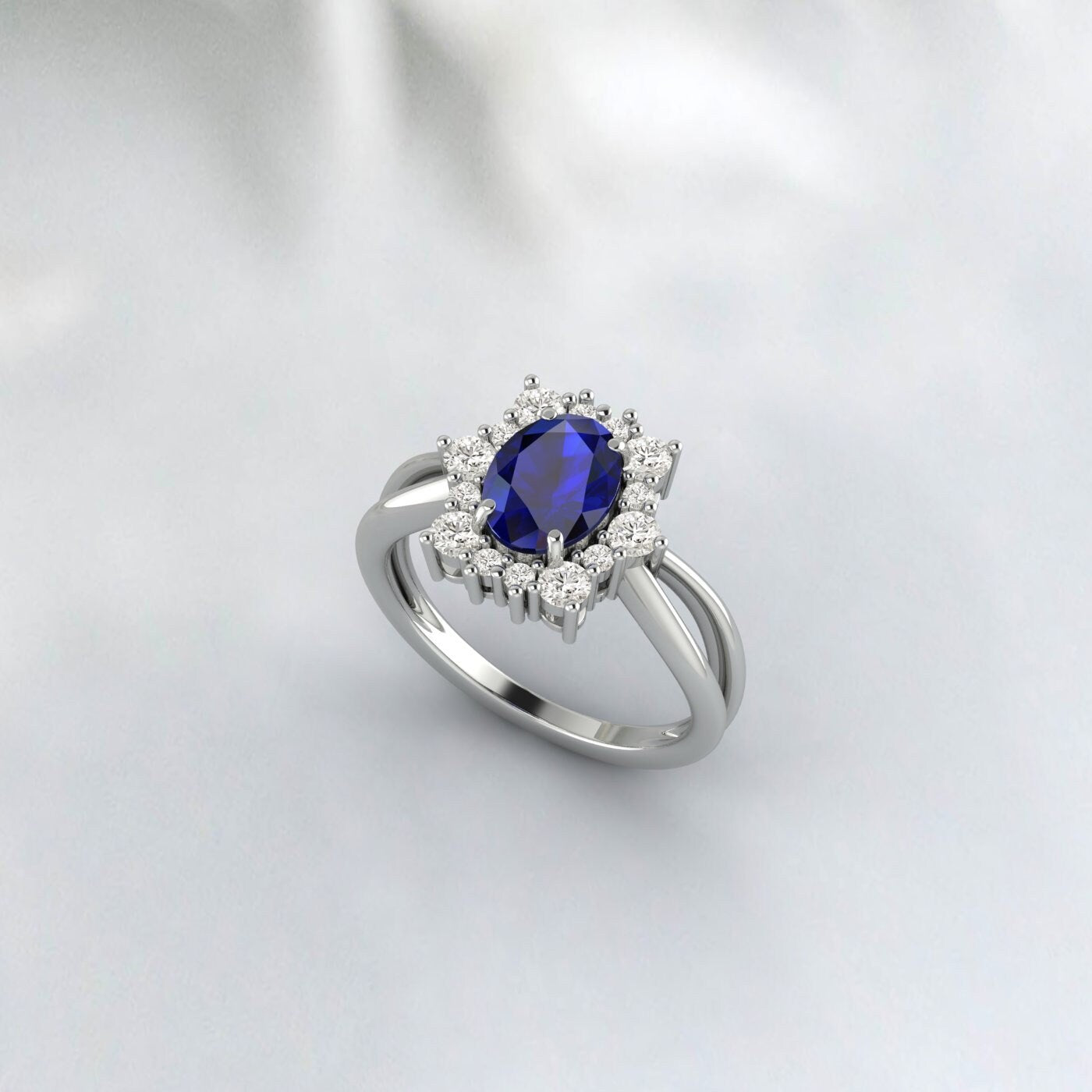 Bague de fiançailles saphir bleu taille ovale, bague de mariage en or rose et diamant