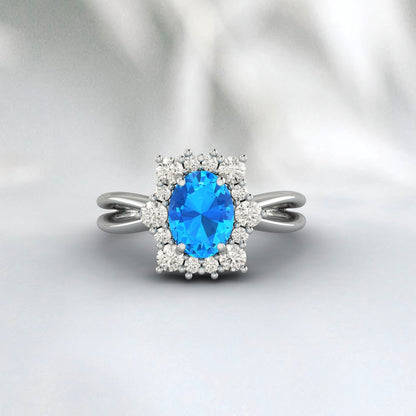 Oval Cut Swiss Blue Topaz Engagement Ring Promise Anniversary Gift