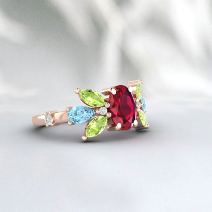 Ovel Ruby And Peridot Ring Pear Shape Aquamarine Ring Engagement Ring