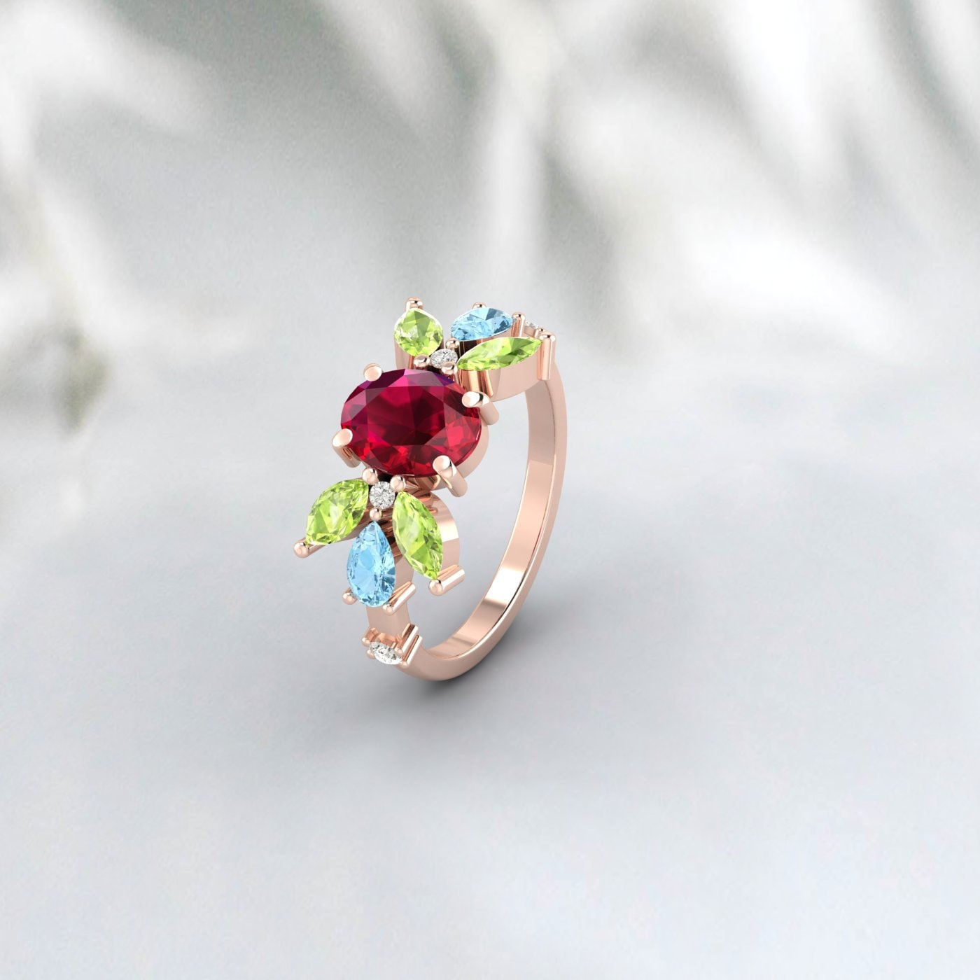 Bague rubis et péridot Ovel, bague de fiançailles en forme de poire, aigue-marine