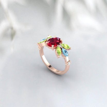 Bague rubis et péridot Ovel, bague de fiançailles en forme de poire, aigue-marine