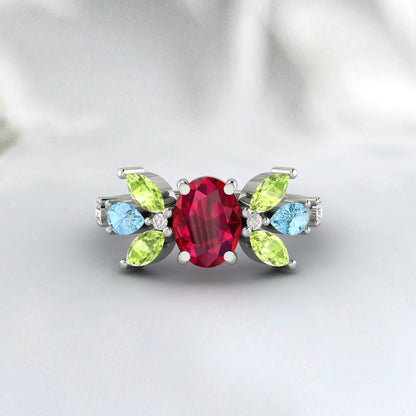 Ovel Ruby And Peridot Ring Pear Shape Aquamarine Ring Engagement Ring