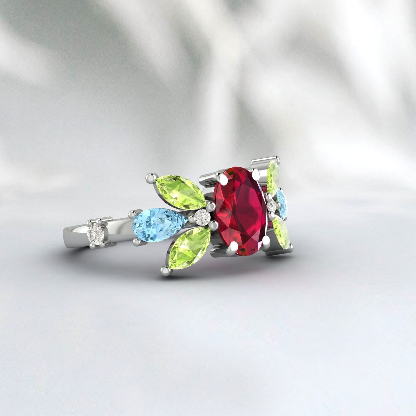 Bague rubis et péridot Ovel, bague de fiançailles en forme de poire, aigue-marine