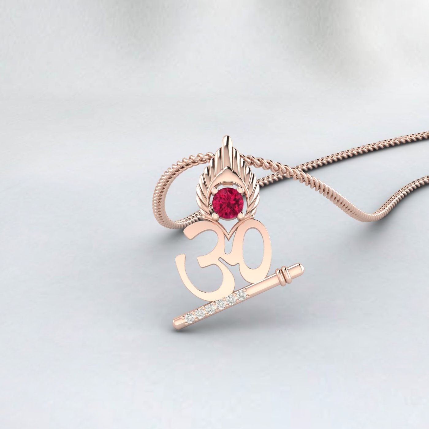 Lord Krishana Ruby Pendant Necklace for Men and Women 925 Sterling Silver Ohm Necklace Meditation Peacock Wings Necklace Girlfriend Gift