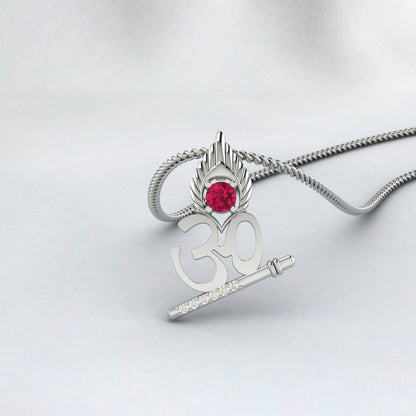 Lord Krishana Ruby Pendant Necklace for Men and Women 925 Sterling Silver Ohm Necklace Meditation Peacock Wings Necklace Girlfriend Gift