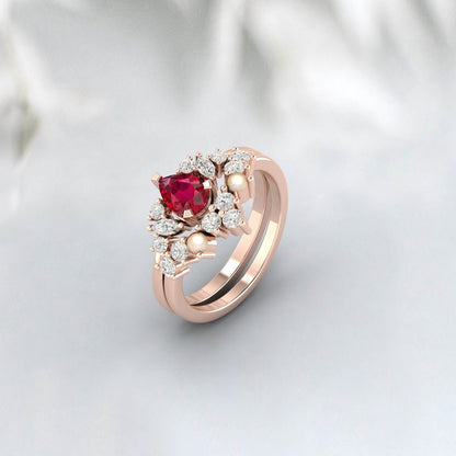 Freshwater Pearl Ruby Engagement Ring Bridal Halo Wedding Ring 2 Ring