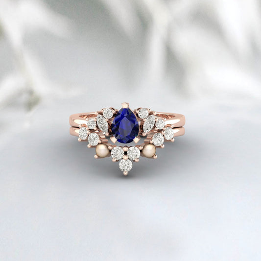 Blue Sapphire Engagement Ring Pearl promise Bridal Ring Diamond Ring