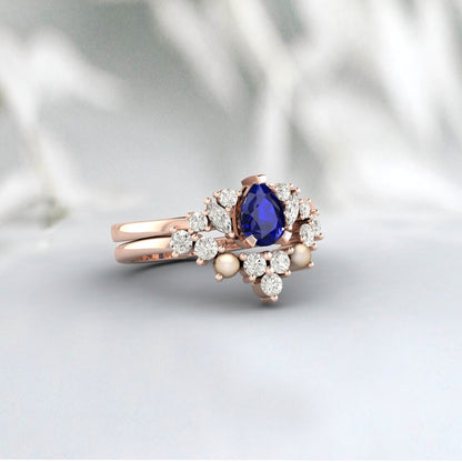 Blue Sapphire Engagement Ring Pearl promise Bridal Ring Diamond Ring