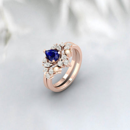 Blue Sapphire Engagement Ring Pearl promise Bridal Ring Diamond Ring