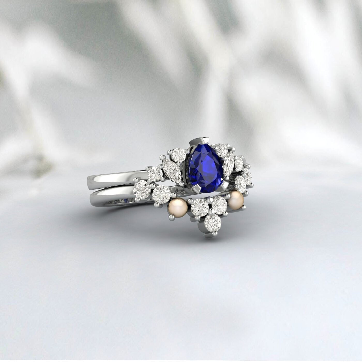 Blue Sapphire Engagement Ring Pearl promise Bridal Ring Diamond Ring