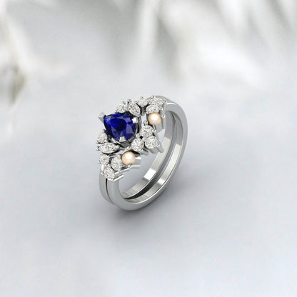 Blue Sapphire Engagement Ring Pearl promise Bridal Ring Diamond Ring