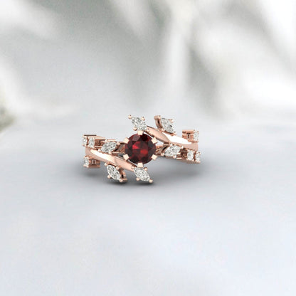 Natural Red Garnet Leaf Ring Rose Gold Promise Wedding Bridal Ring